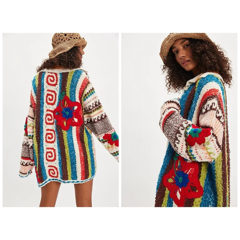 Free People Terry‎ Towel Cardi Calypso Cardigan Sweater Floral Artsy XS